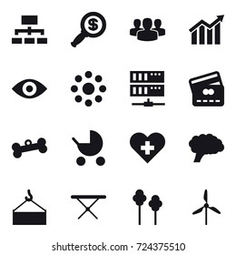 16 vector icon set : hierarchy, dollar magnifier, group, diagram, eye, round around, server, credit card, bone, baby stroller, iron board, trees, windmill