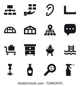 16 vector icon set : hierarchy, gift, ruler, greenhouse, baggage trolley, nightstand, bbq, pool, viruses, sprayer