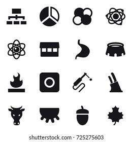 16 vector icon set : hierarchy, diagram, atom core, atom, market, stadium, ring button, knife holder, cow, udder, acorn, maple leaf