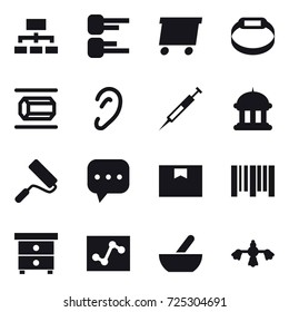 16 vector icon set : hierarchy, diagram, delivery, smart bracelet, nanotube, goverment house, repair, nightstand, mortar, hard reach place cleaning