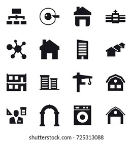 16 vector icon set : hierarchy, cell corection, home, skyscraper, houses, modular house, district, tower crane, house, architector, arch, washing machine, barn