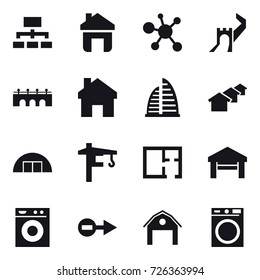 16 vector icon set : hierarchy, home, greate wall, bridge, skyscraper, houses, hangare, tower crane, plan, garage, washing machine, barn