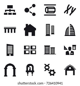 16 vector icon set : hierarchy, molecule, nanotube, bridge, home, skyscrapers, skyscraper, panel house, district, architector, arch, barn