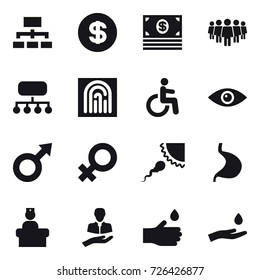 16 vector icon set : hierarchy, dollar, money, team, structure, fingerprint, hand drop, hand and drop