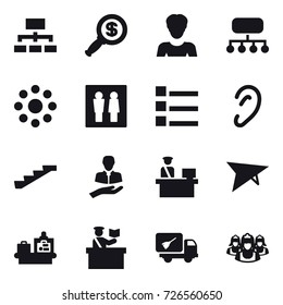 16 vector icon set : hierarchy, dollar magnifier, woman, structure, round around, wc, list, stairs, deltaplane, baggage checking, inspector, home call cleaning, outsource