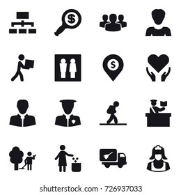 16 vector icon set : hierarchy, dollar magnifier, group, woman, courier, wc, dollar pin, tourist, inspector, garden cleaning, garbage bin, home call cleaning, cleaner