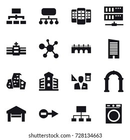 16 vector icon set : hierarchy, structure, server, bridge, skyscraper, modern architecture, building, architector, arch, garage, washing machine