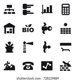 16 vector icon set : hierarchy, diagram, graph, calculator, warehouse, bio, satellite, sun power, flower, lighthouse, lounger, surfer, phone, construct garbage