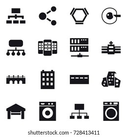 16 vector icon set : hierarchy, molecule, hex molecule, cell corection, structure, server, bridge, building, bunker, modern architecture, garage, washing machine