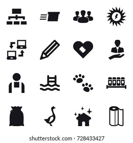 16 vector icon set : hierarchy, delivery, group, sun power, notebook connect, pencil, pool, pets, goose, house cleaning, paper towel
