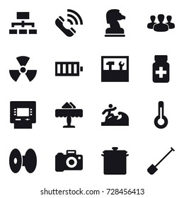 16 vector icon set : hierarchy, call, chess horse, group, nuclear, battery, tools, atm, restaurant, surfer, thermometer, pan, shovel