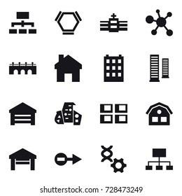 16 vector icon set : hierarchy, hex molecule, bridge, home, building, skyscrapers, garage, modern architecture, panel house, house