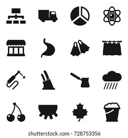 16 vector icon set : hierarchy, truck, diagram, atom, market, flippers, curtain, knife holder, turk, rain cloud, cherry, udder, maple leaf, foam bucket