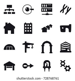 16 vector icon set : hierarchy, cell corection, server, home, building, houses, slum, hangare, tower crane, arch, garage