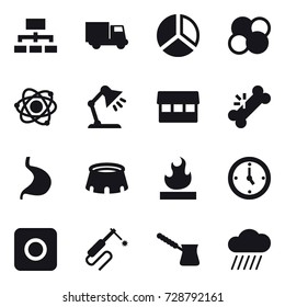 16 vector icon set : hierarchy, truck, diagram, atom core, atom, table lamp, market, stadium, watch, ring button, turk, rain cloud
