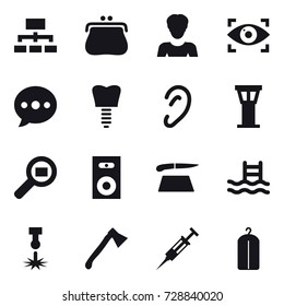 16 vector icon set : hierarchy, purse, woman, eye identity, ballon, airport tower, speaker, cutting board, pool, axe, syringe, dry wash