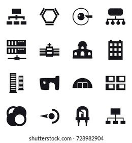 16 vector icon set : hierarchy, hex molecule, cell corection, structure, server, mansion, building, skyscrapers, slum, hangare, panel house