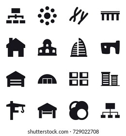 16 vector icon set : hierarchy, round around, bridge, home, mansion, skyscraper, slum, garage, hangare, panel house, district, tower crane