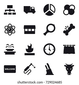 16 vector icon set : hierarchy, truck, diagram, atom core, atom, market, magnifier, fountain, watch, curtain, welcome mat, knife holder, cow