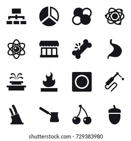 16 vector icon set : hierarchy, diagram, atom core, atom, market, fountain, ring button, knife holder, turk, cherry, acorn