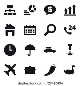 16 vector icon set : hierarchy, diagram, money message, graph up, home, calendar, car baggage, pan, hot pepper, goose