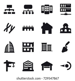 16 vector icon set : hierarchy, structure, server, bridge, home, mansion, skyscraper, modular house, district, construction, tower crane, garage