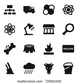 16 vector icon set : hierarchy, truck, atom core, atom, table lamp, market, magnifier, stadium, welcome mat, knife holder, rain cloud, cow, foam bucket