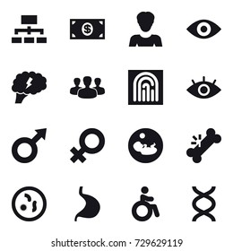 16 vector icon set : hierarchy, money, woman, eye, brain, group, fingerprint, invalid