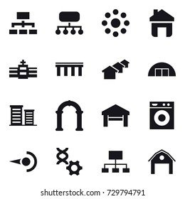 16 vector icon set : hierarchy, structure, round around, home, bridge, houses, hangare, district, arch, garage, washing machine, barn