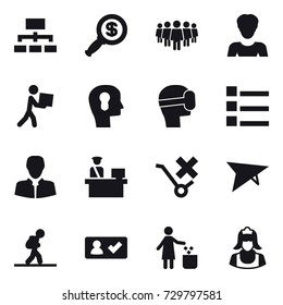 16 vector icon set : hierarchy, dollar magnifier, team, woman, courier, bulb head, virtual mask, list, deltaplane, tourist, check in, garbage bin, cleaner