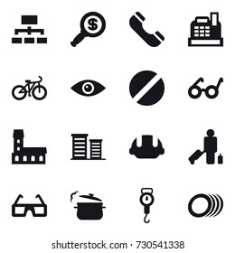 16 vector icon set : hierarchy, dollar magnifier, phone, cashbox, bike, mansion, district, building helmet, passenger, steam pan, handle scales