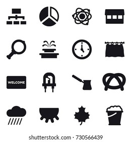 16 vector icon set : hierarchy, diagram, atom, market, magnifier, fountain, watch, curtain, welcome mat, turk, rain cloud, udder, maple leaf, foam bucket