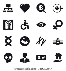 16 vector icon set : hierarchy, heart, dollar arrow, cell corection, fingerprint, check in, housing
