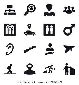 16 vector icon set : hierarchy, dollar magnifier, woman, group, fingerprint, car pointer, wc, stairs, deltaplane, tourist, vacuum cleaner, garbage bin