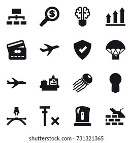 16 vector icon set : hierarchy, dollar magnifier, bulb brain, graph up, credit card, plane, baggage checking, jellyfish, bulb, kettle, construct garbage