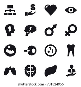 16 vector icon set : hierarchy, investment, heart, eye, bulb head, brain