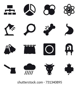 16 vector icon set : hierarchy, diagram, atom core, atom, table lamp, magnifier, flippers, curtain, ring button, turk, rain cloud, cow, maple leaf
