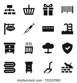16 vector icon set : hierarchy, basket, gift, barcode, store signboard, bunker, pool, nightstand, radiator, towel, hive, scoop, construct garbage