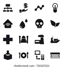 16 vector icon set : hierarchy, investment, graph, bulb, wireless home, minaret, factory, cafe, sponge