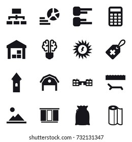 16 vector icon set : hierarchy, diagram, calculator, warehouse, bulb brain, sun power, tower, barn, school, lounger, landscape, wardrobe, paper towel