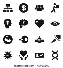 16 vector icon set : hierarchy, dollar, group, courier, bulb head, brain, heart, check in