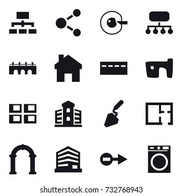 16 vector icon set : hierarchy, molecule, cell corection, structure, bridge, home, bunker, slum, panel house, building, construction, plan, arch, washing machine
