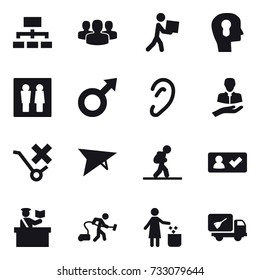 16 vector icon set : hierarchy, group, courier, bulb head, wc, deltaplane, tourist, check in, inspector, vacuum cleaner, garbage bin, home call cleaning