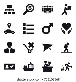 16 vector icon set : hierarchy, dollar magnifier, team, courier, car pointer, list, deltaplane, tourist, check in, baggage checking, inspector, vacuum cleaner