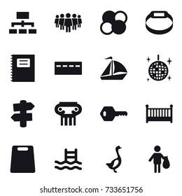 16 vector icon set : hierarchy, team, atom core, smart bracelet, copybook, bunker, sail boat, disco ball, signpost, antique column, key, crib, cutting board, pool, goose, trash