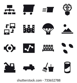16 vector icon set : hierarchy, delivery, bulb brain, notebook connect, palace, landscape, seeds, harvester, pickup, bucket and broom, cleanser powder