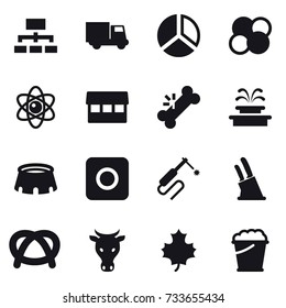 16 vector icon set : hierarchy, truck, diagram, atom core, atom, market, fountain, stadium, ring button, knife holder, cow, maple leaf, foam bucket