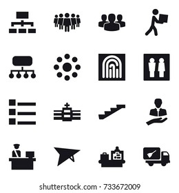 16 vector icon set : hierarchy, team, group, courier, structure, round around, fingerprint, wc, list, stairs, deltaplane, baggage checking, home call cleaning