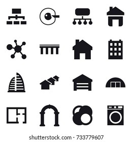 16 vector icon set : hierarchy, cell corection, structure, home, bridge, building, skyscraper, houses, garage, hangare, plan, arch, washing machine