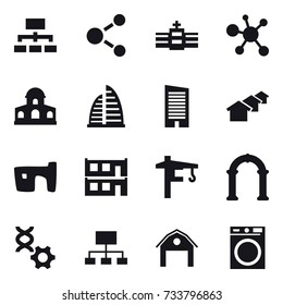 16 vector icon set : hierarchy, molecule, mansion, skyscraper, houses, slum, modular house, tower crane, arch, barn, washing machine